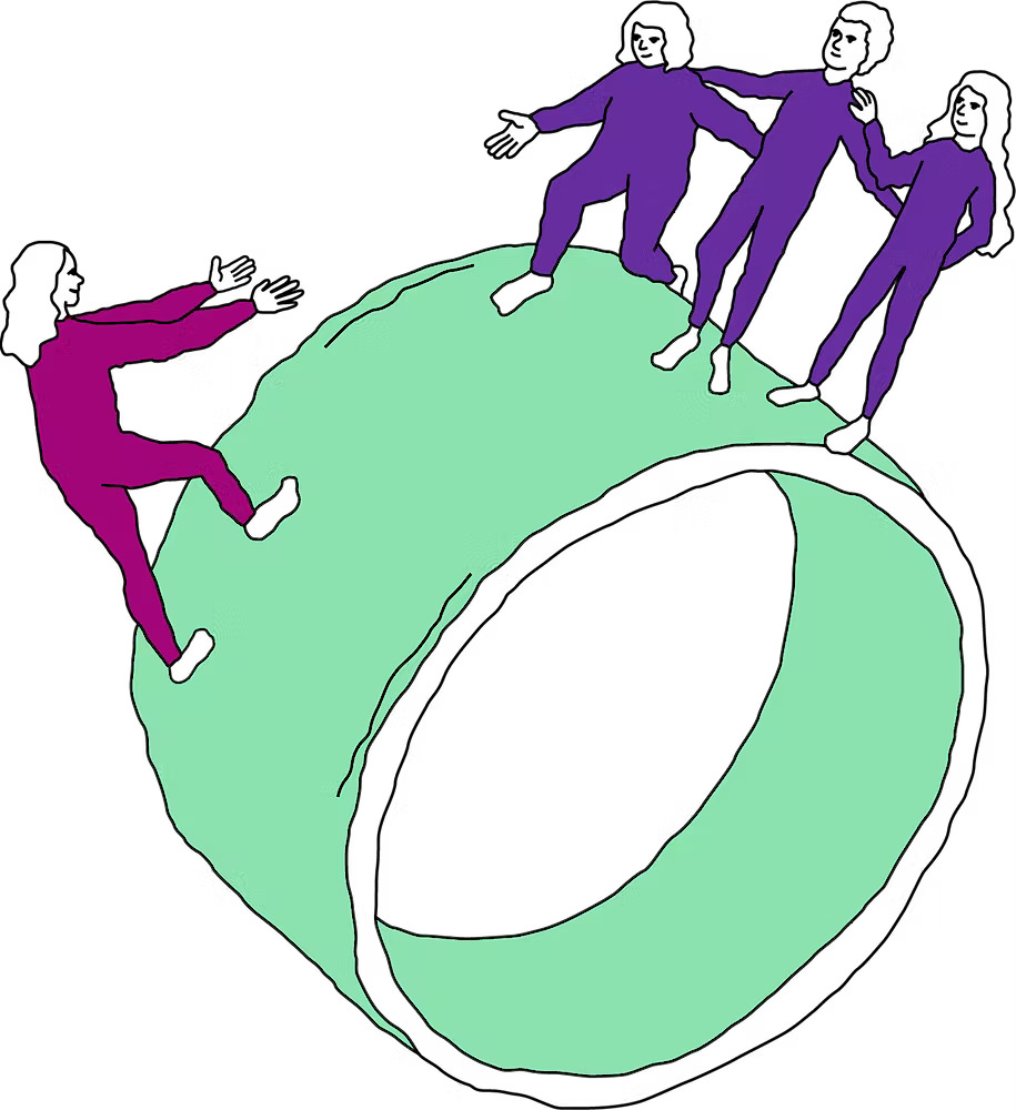 Illustration of a person reaching our their arms towards a group with outstretched arms.